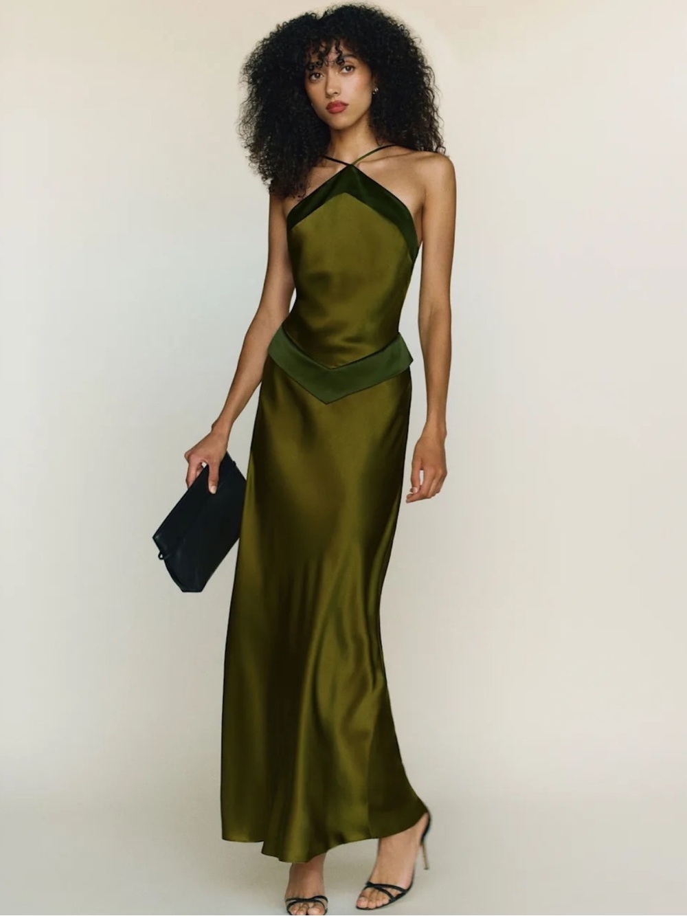 Reformation Jillian Silk Dress in Pear Satin Halter Maxi Evening Gown Size 4